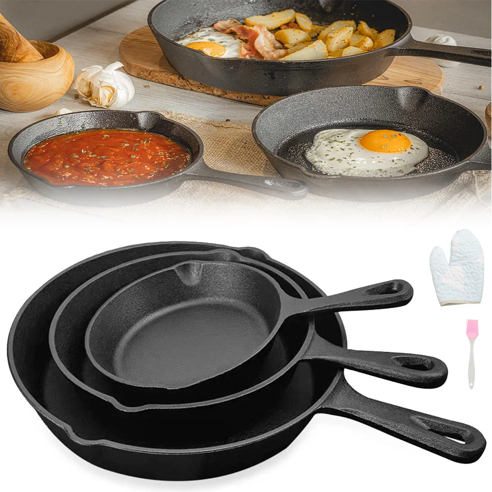 3pc Frying Pan Cast Iron Uncoated Black For Food Frying, Cooking And Stir-Frying Non-Stick Frying Pans Omelette Pan: 3 - 5 Days Free Delivery Only UK