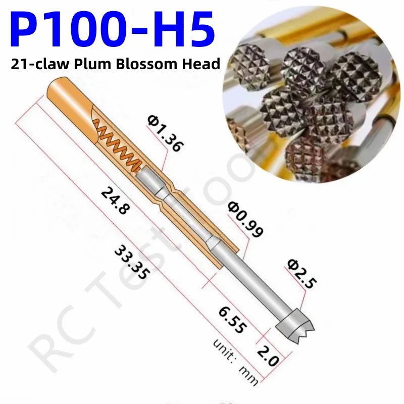 

100PCS P100-H5 33.35mm 21-claw Plum Blossom Head Dia 2.5mm Needle Spring Test Probe P100-H Dia 1.36mm Circuit Board Test Tool