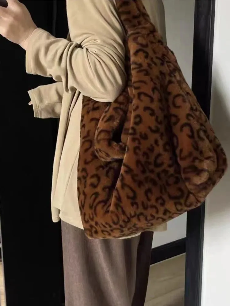 JIAERDI Leopard Print Tote Bag Women Large Capacity Plush Soft Casual Shoulder Bags Purse Female Vintage Coffee Handbag Bolsos