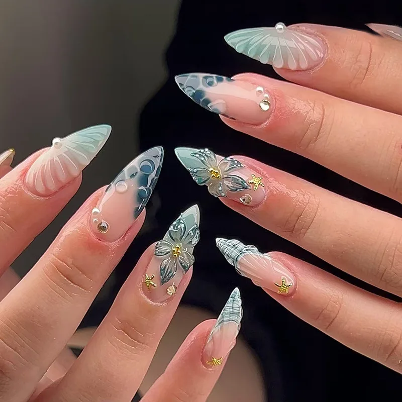 Faux Ongles Bleu Vert Forme Amande - Set De 24 Avec Colle Inclus