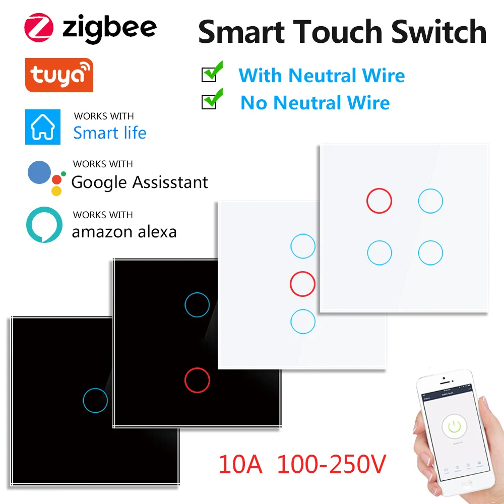 

ZigBee Smart Touch Light Switch Neutral Wire/No Neutral US/EU 1/2/3/4 Gang Wall Touch Switch Back Light Tuya Alexa Google Home