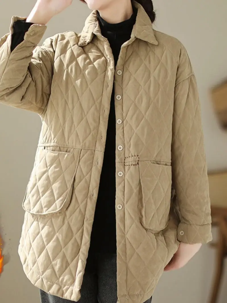 

Solid Color Autumn And Winter Woman New Rhombus Quilted Casual Mid-length Fashion Long Sleeves Lapel Wide-waisted Padded Coat