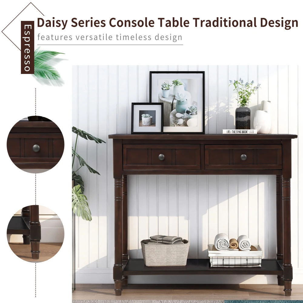 TREXM Daisy Series Console Table Traditional Design with Two Drawers and Bottom Shelf (Espresso) 4