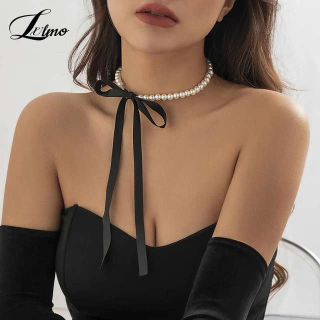 Trend Wedding Party Jewelry Long Black Ribbon Choker Necklace For Women  Elegant White Imitation Pearl Beach Vacation Necklaces - AliExpress