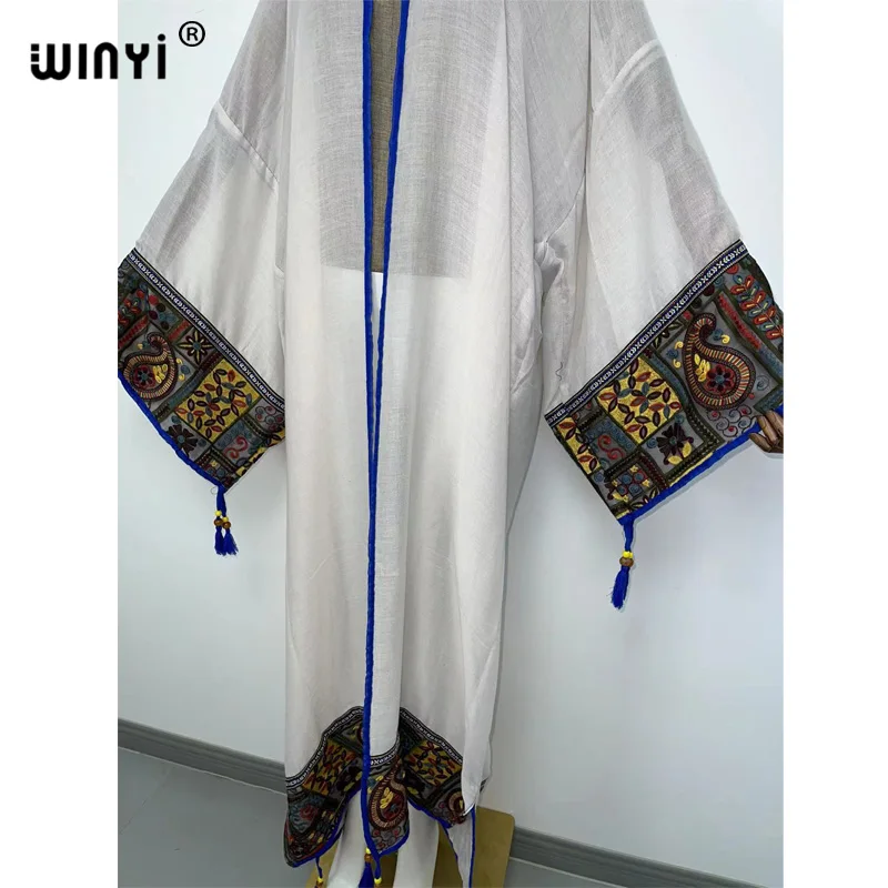 WINYI 2022 summer Sexy See Through Embroidered Long Kimono stitch Beachwear Women Tops and Blouses Middle East Muslim Abaya long flowy beach dress