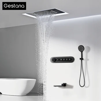 Luxury Matte สีดําทองเหลือง Thermostatic ระบบ 4 โหมดสเปรย์เพดานติดตั้งจอแสดงผล LED ดิจิตอล Anti-Scald ก๊อกน้ําห้องน้ํา 1