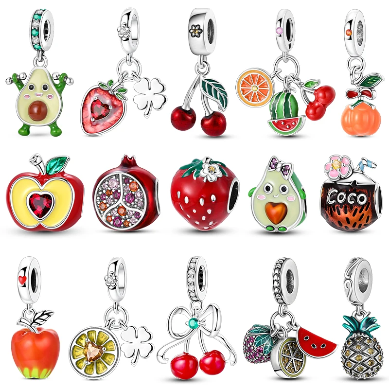 Silver Fruit Charm Bead Pendant - Strawberry, Cherry, Avocado Design