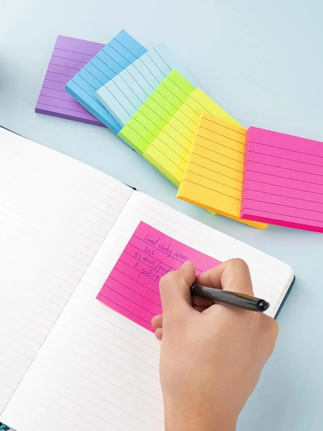 8 Stück Linierte Haftnotizen 3x3 Zoll, Leuchtende Farbige Post-its mit Super Haftkraft, Notizblöcke, 45 Blatt/Block – Detail 2