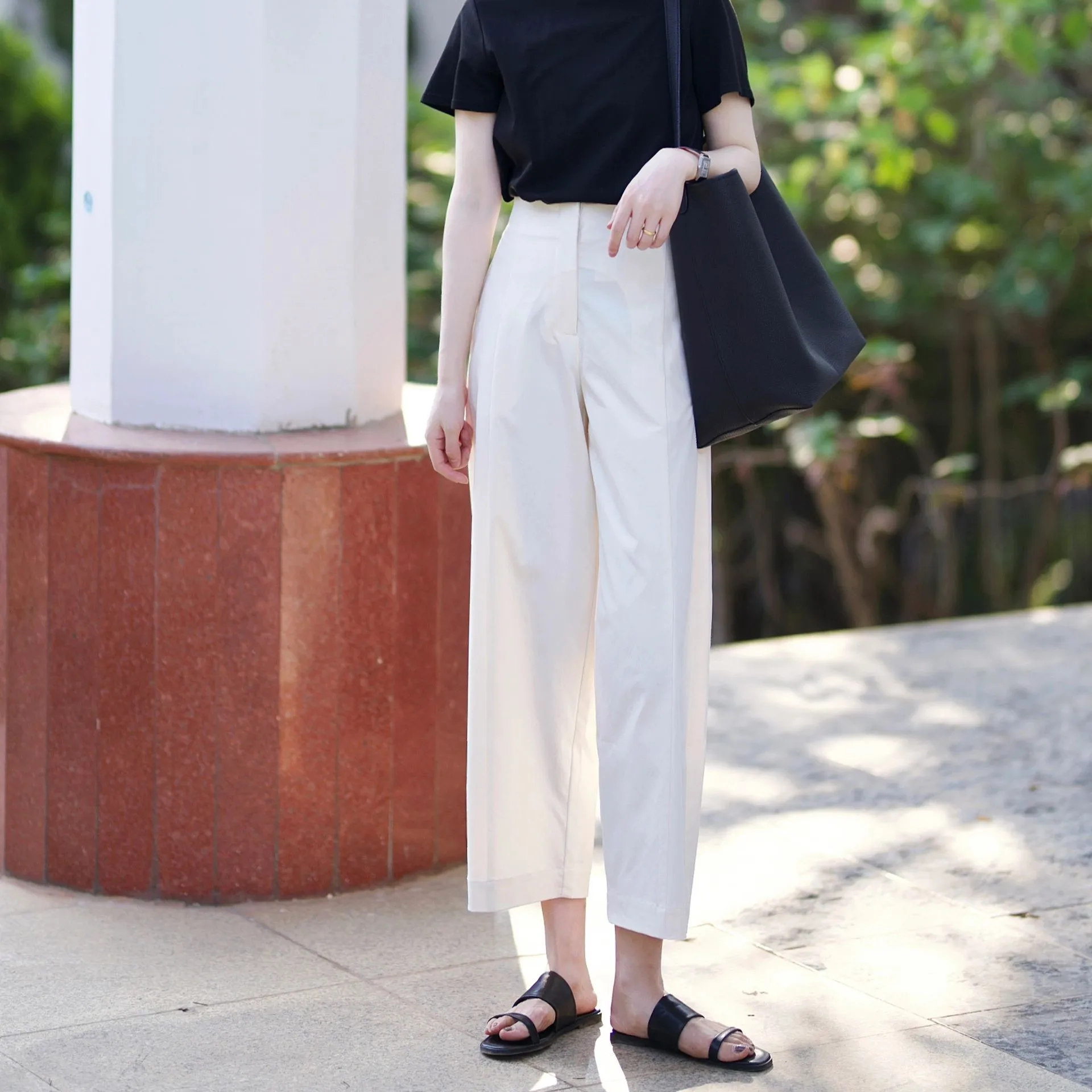 White Cotton Nine Points Haren Pants Women's Summer Thin Design Sense Niche Straight Leg Loose Slim Casual Wide Leg Pants