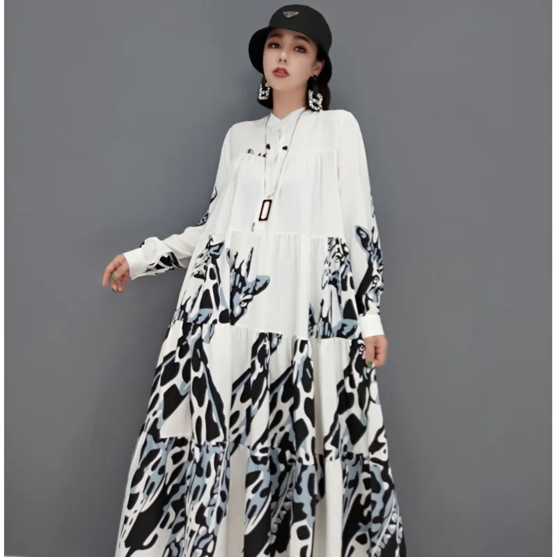 

Women Long Sleeves Crew Neck Dress Loose Leisure Mid-length Printing Temperament White A-line Dress