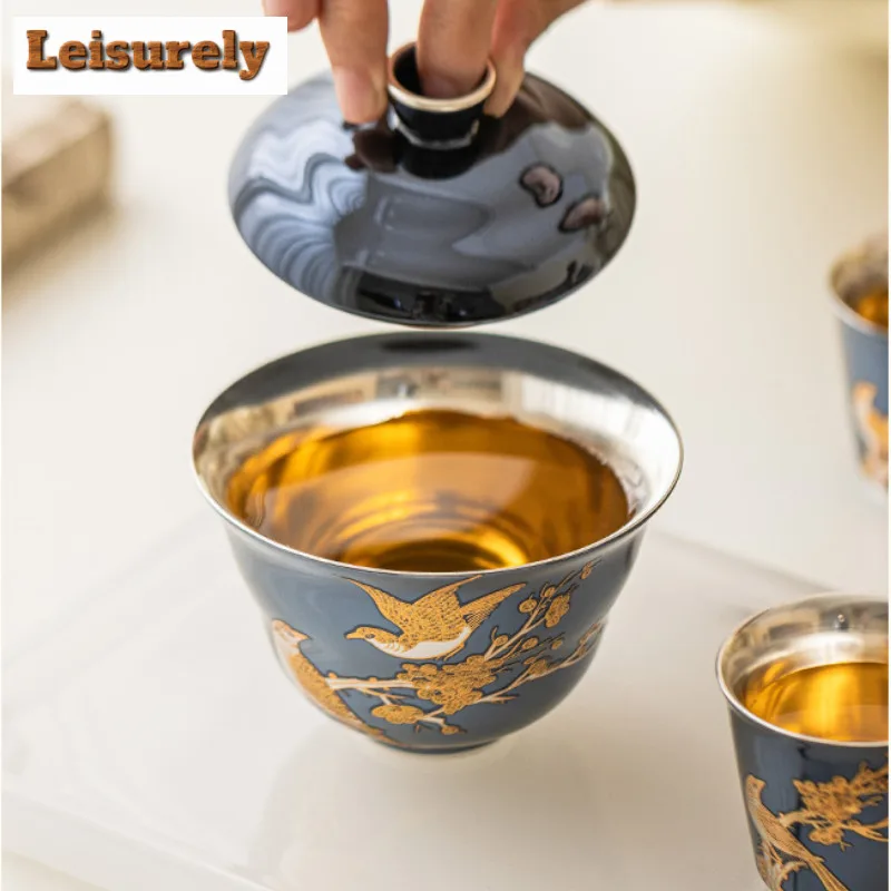 110ml High End 999 Silver Gilded Gaiwan Retro Pearl Glazed Flower And Bird Tea Tureen Tea Making Cover Bowl Drinkware Collection