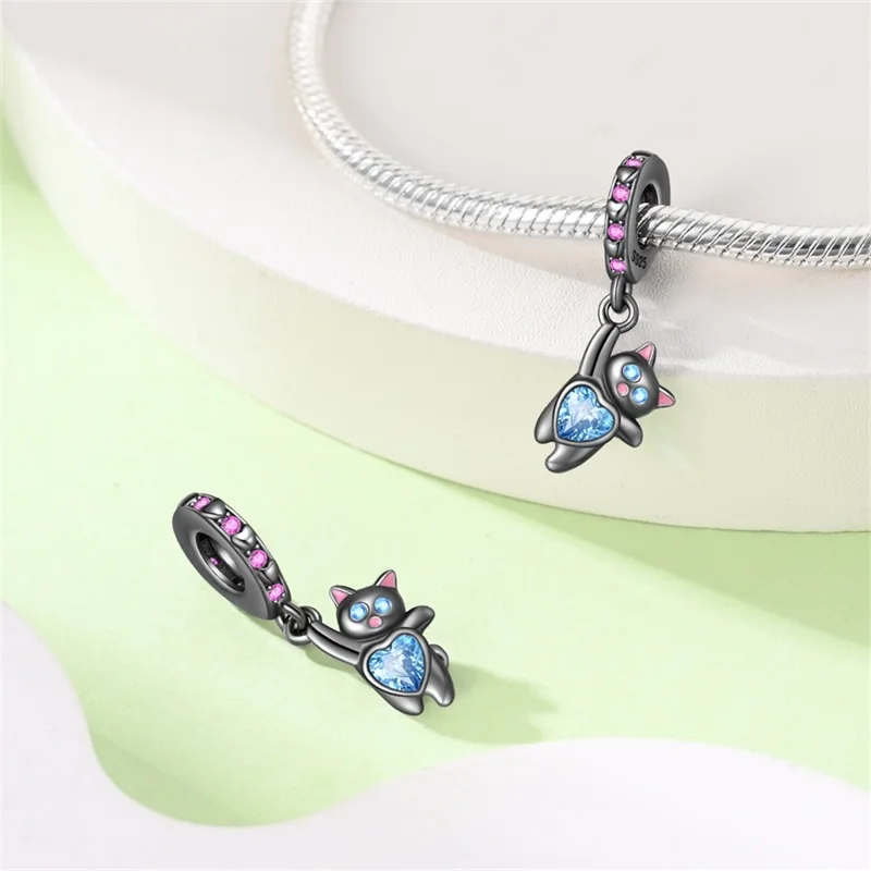 Original-Charms aus 925er-Sterlingsilber, Perlen, schwarze Katze, bunter Elefant, Anhänger für Armband, Frauen, DIY-Schmuck, Geschenkherstellung – Detail 6
