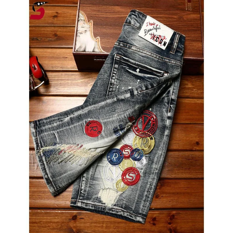 High End Fashionable Embroidered Denim Shorts With Men'S Distressed Patches Personalized Elastic Slim Fit Fashion Casual Breeche