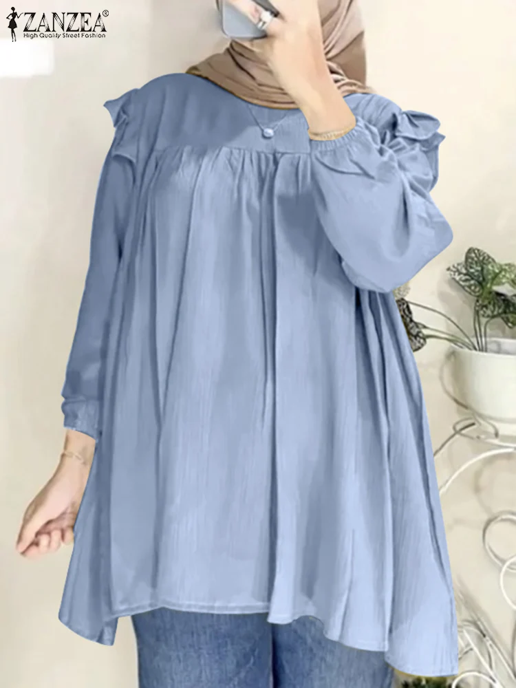 

ZANZEA Women Fashion Long Sleeve Ruffles Blouse Autumn Vintage Shirt Elegant Solid Muslim Dubai Turkey Abaya Tops Party Blusas