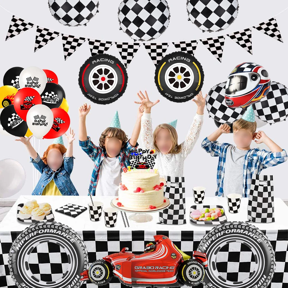 Rennwagen-Geburtstagsparty-Dekorationen: Karierte Flaggen-Ballonsets, Rennthemen-Zubehör, Rennstrecken-Wimpelbanner, Event-Ornamente – Detail 16