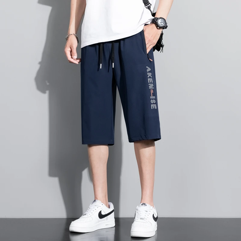 Summer Bottoms Ice Silk Pants Men Breathable Lightweight Calf-Length Short Sweatpants 3/4 Straight Loose Casual Cropped Trousers 5