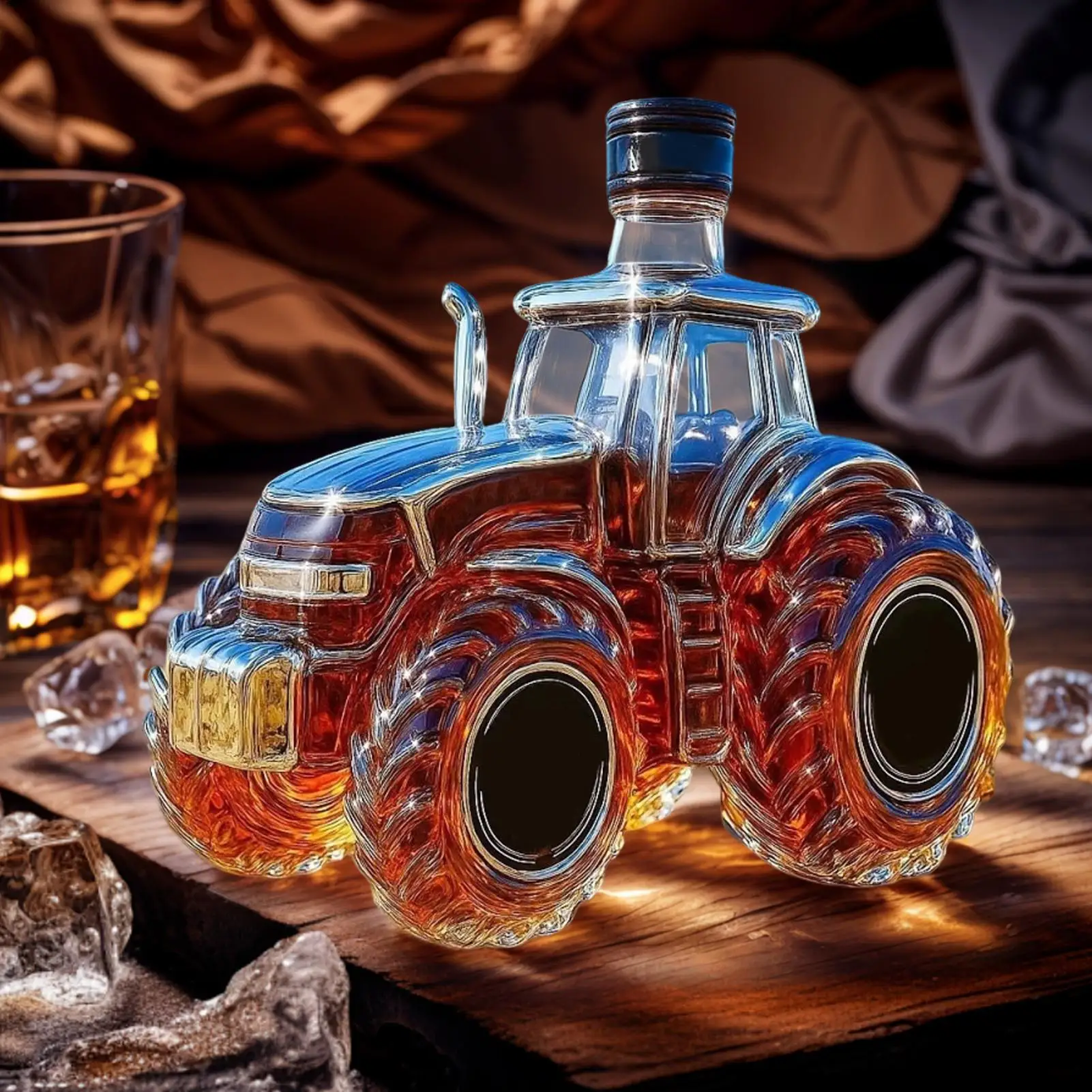 Front view of tractor-shaped whiskey decanter