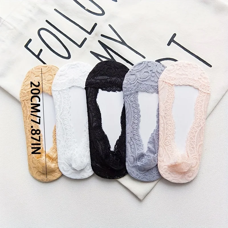 Woman Socks 6 Pairs Floral Pattern Lace Summer Non-slip Silicone No Show Boat Breathable Ballerina