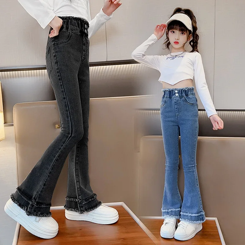 

New Spring Autumn Girls Demin Pants Bell-bottomed Pants Casual Baby Long Pant Toddlers Jeans Solid Color Children Trousers 4-15Y