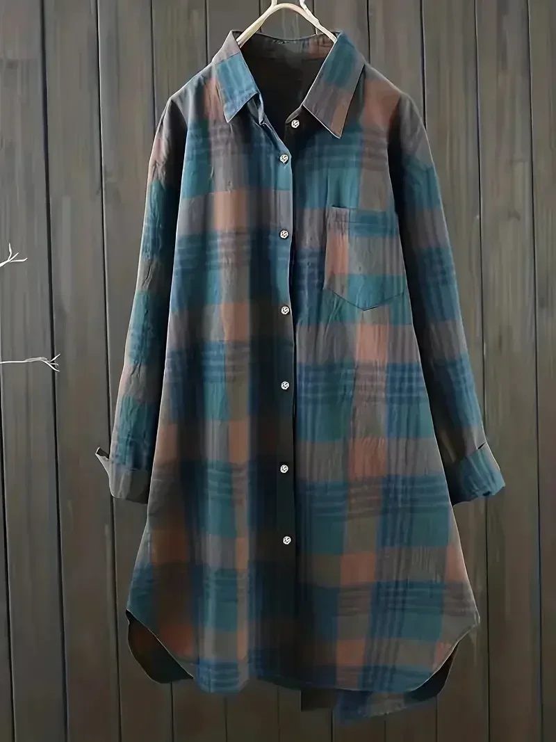 Women’s Spring/summer Plus Size 1XL-5XL Fashion Lapel Plaid Print Ladies Casual Long Sleeved Button Commuting Fashion Shirt Best Sellers In Plus Sized Clothing