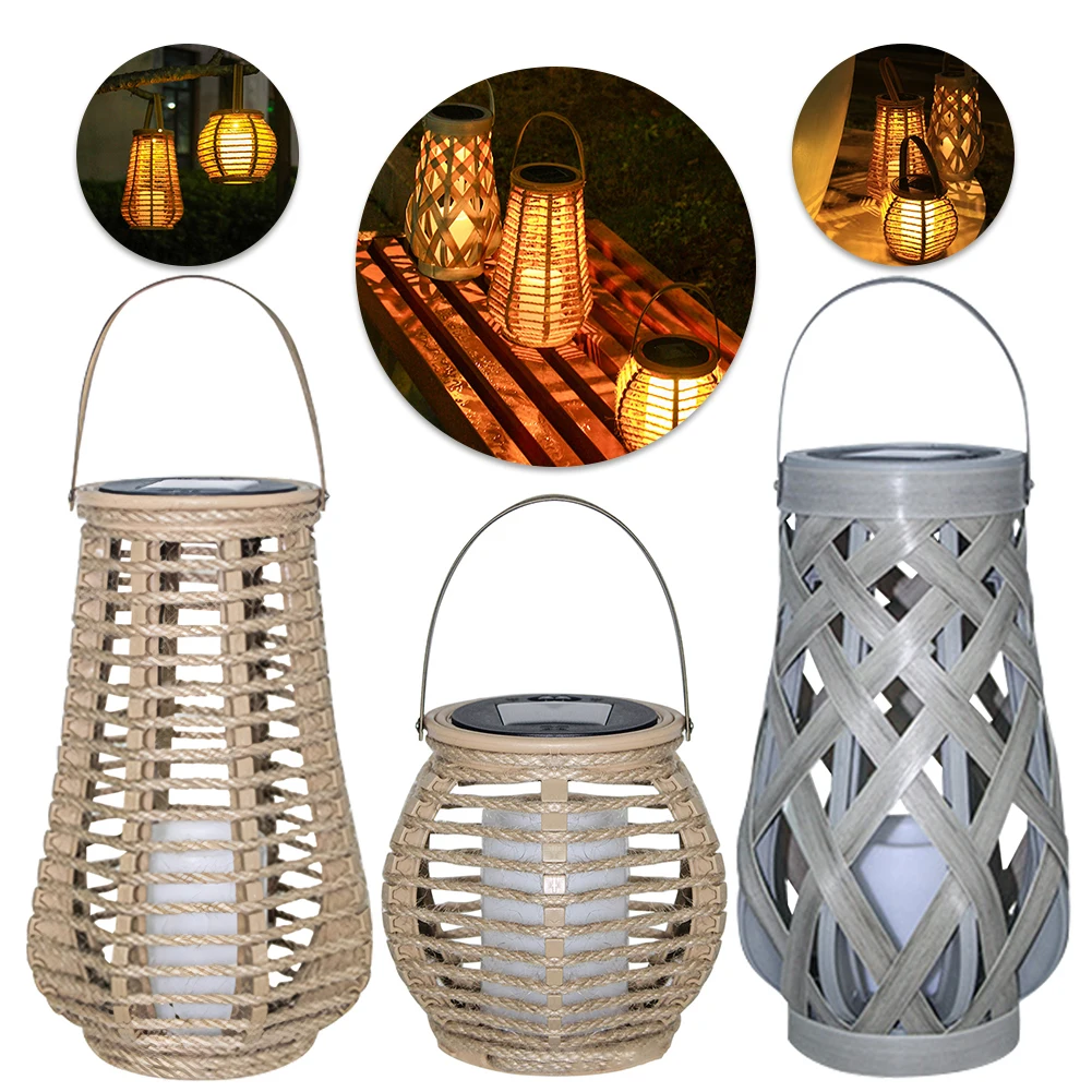 Solar Hanging Lantern Light Outdoor Solar Lantern IP44 Waterproof with Handle Rattan Bamboo Lamp for Garden Patio Courtyard Lawn