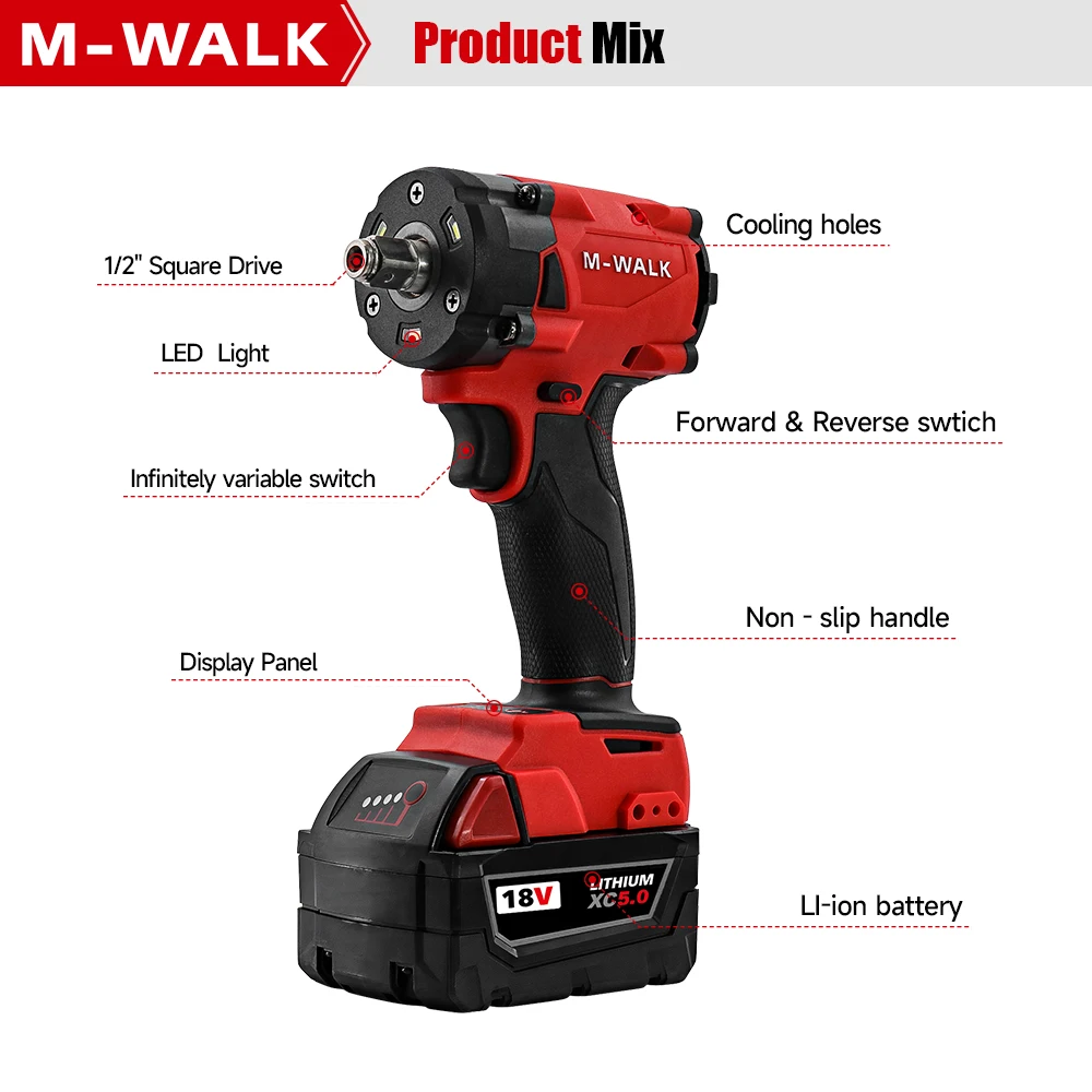 Impact Wrench 300N.M Brushless Electric Cordless 1/2 in Screwdriver Car Repair Power Tools For Milwaukee 18V battery Pins