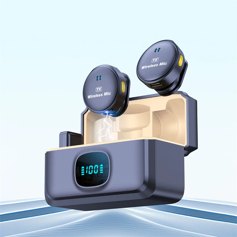 

2-in-1 Wireless Lavalier Microphone Portable Audio Video Receiver Clip Digital Display iOS Type-C Mini Mic for Android Phone