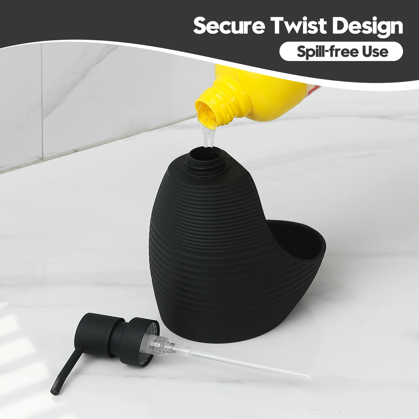 2-in-1 Modern Kitchen Soap Dispenser with Sponge Holder Nylon Scrubber Matte Stripe Black