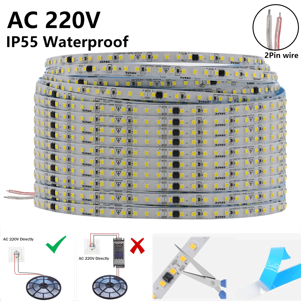 

10/20/50M LED Strip 220V Adhesive High Brightness 2835 120LEDs/m Waterproof IP55 Flexible LED Tape 10cm Cuttable Soft Light Bar