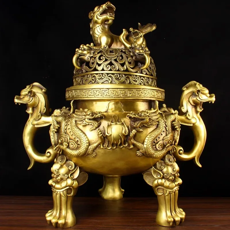 Antique Bronze Tengu Incense Burner Handcrafted 3-Legged Censer with Dragon Design for Home, Zen Meditation, Aromatherapy