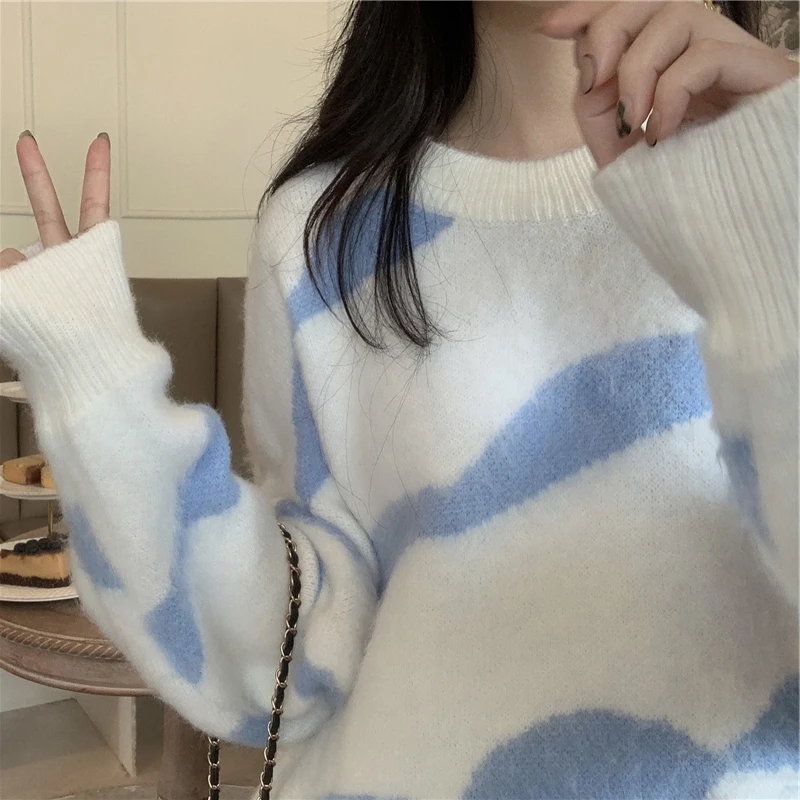 Suéteres de colores contrastantes para mujer, de invierno, dulces, cálidos, estilo femenino coreano, tiernos, elegantes, para uso diario, con bloqueo, temperamento versátil.