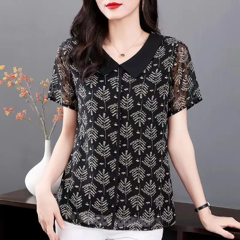 

Fashion Peter Pan Collar Spliced Gauze Printed Blouse Women's Clothing 2023 Summer New Casual Pullovers Loose Office Lady Shirt