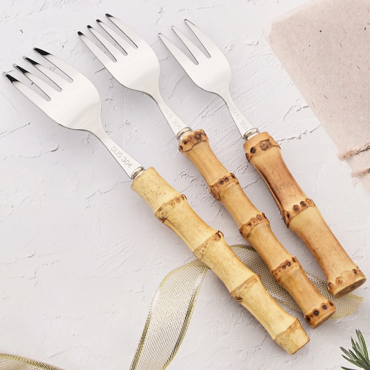 1Pc Wood Bamboo Root Handle Cutlery 304 Stainless Steel Dinnerware Serving Fork Spoon Salad Fork Spoon Coffee Tableware