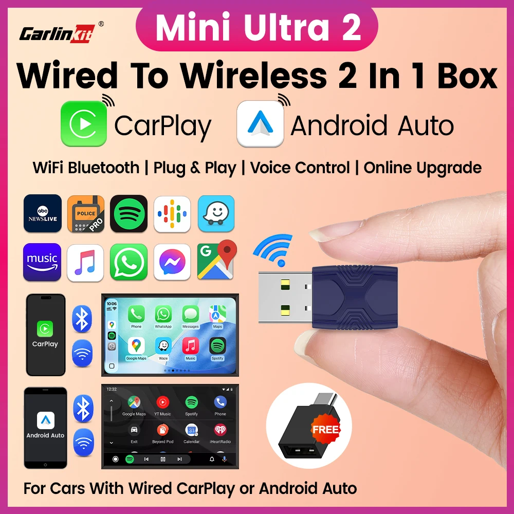 Mini Ultra 2 CarlinKit 5.0 Kabelloser CarPlay Android Auto Adapter Plug & Play WLAN Bluetooth Automatische Verbindung für OEM-Fahrzeuge