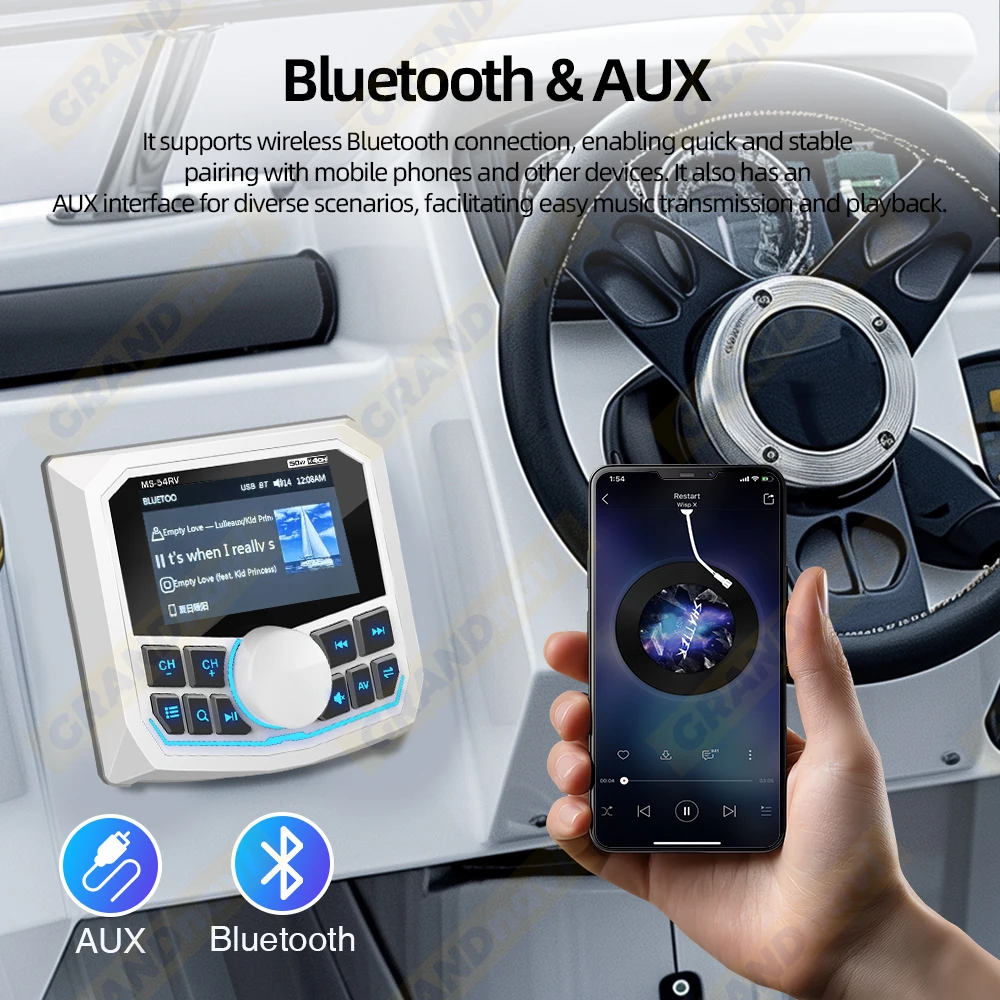 GRANDnavi MP5 Marine Stereo Waterproof Boat Radio Player Bluetooth FM AM RDS Audio Yacht Gauge RV ATV UTV Cart