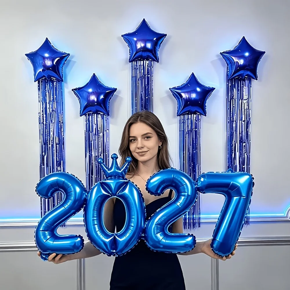 2027 New Year Balloons - Blue Foil Party Set Metallic blue party balloons kit