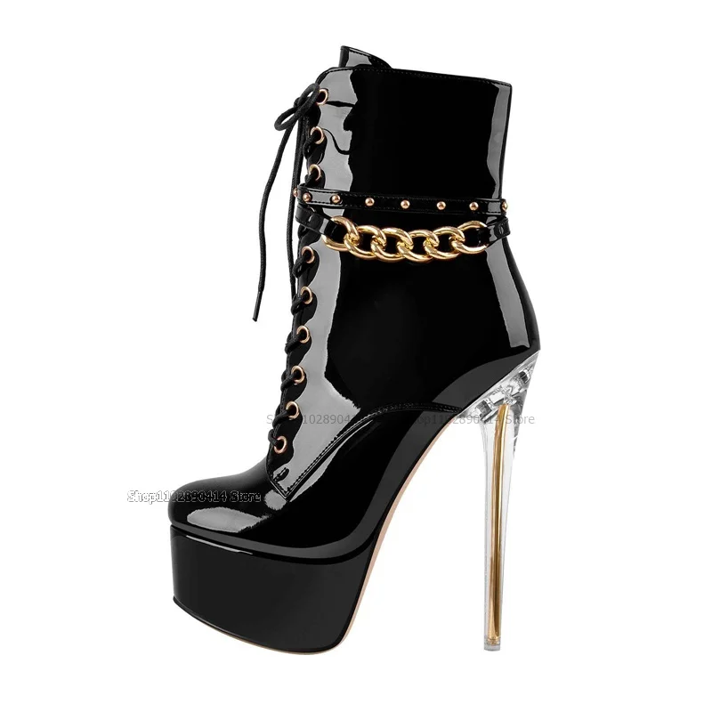 Женские туфли-лодочки из лакированной кожи, черные туфли с цепочкой и перекрестной шнуровкой, на каблуке с кристаллами, с круглым носком