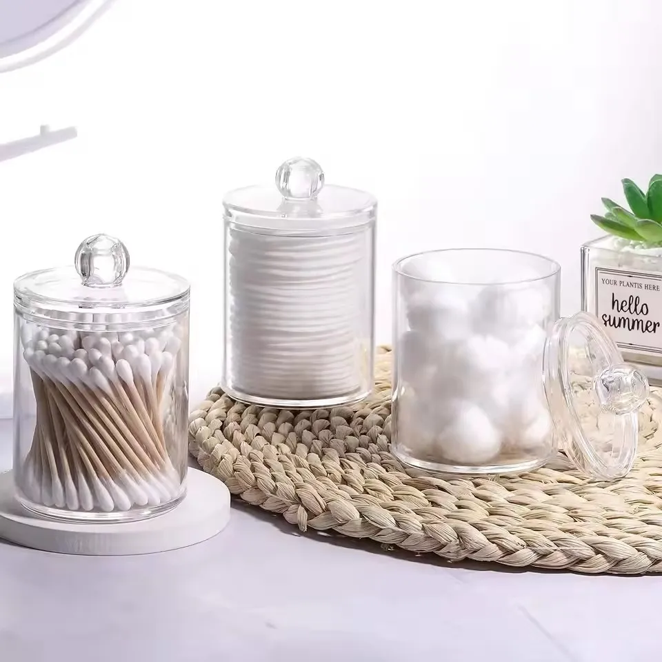 4 Pack Acrylic Qtip Holder Dispenser for Cotton Swabs, Balls, Pads, Floss Picks- Small Clear Vanity Makeup Storage Box Organizer 3