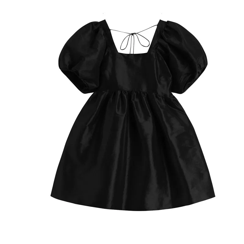 

2023 NEW Spring Summer Women Back Bandage Temperament Dress New Square Collar Short Sleeve Loose Fit Fashion Tide