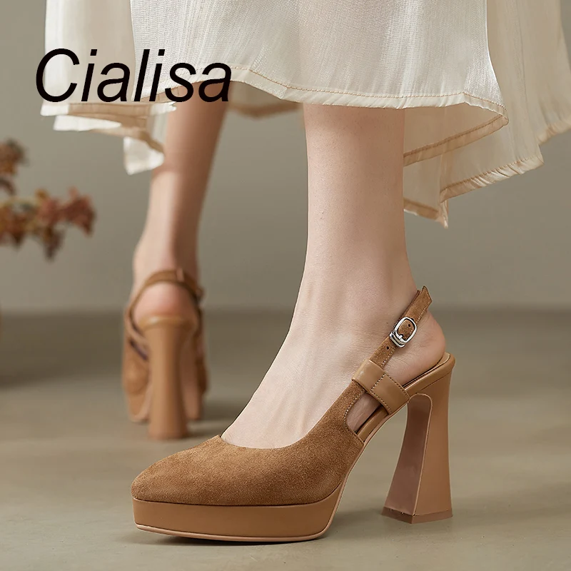 

Cialisa Women Sandals Spring Kid Suede Leather Elegant Pointed Toe 10cm High Heels Shoes Dress Handmade Ladies Footwear Black