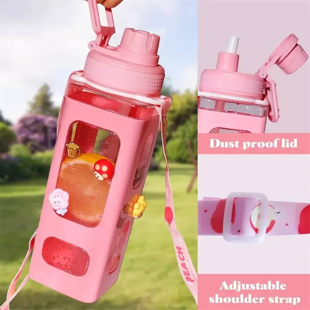 빨대 3D 스티커가 달린 귀여운 어린이 물병, 휴대용 음료 차 우유 누출 방지 물병, 700ml