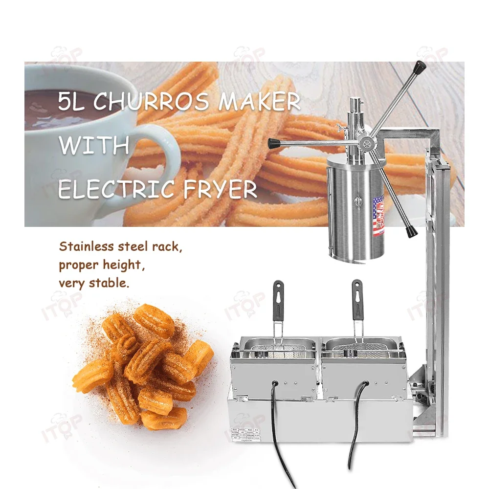 LXCHAN Spain Churros Maker 3-Hole Nozzle Churros Maker Latin Fruit Machine 5L Churros Hopper 12L Double Fryer 110V 220V