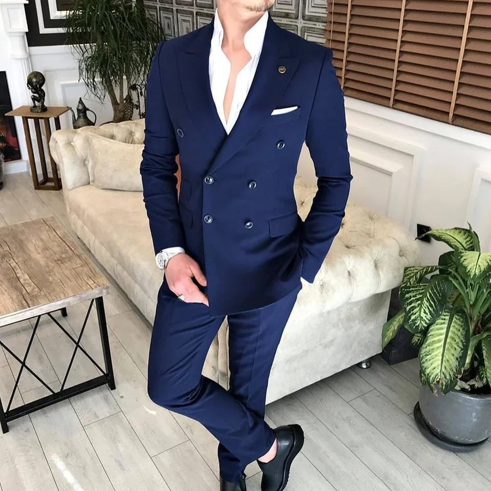 Men's Suit White Casual Two-piece Double-Breasted Office Meeting Blazer+ Pants