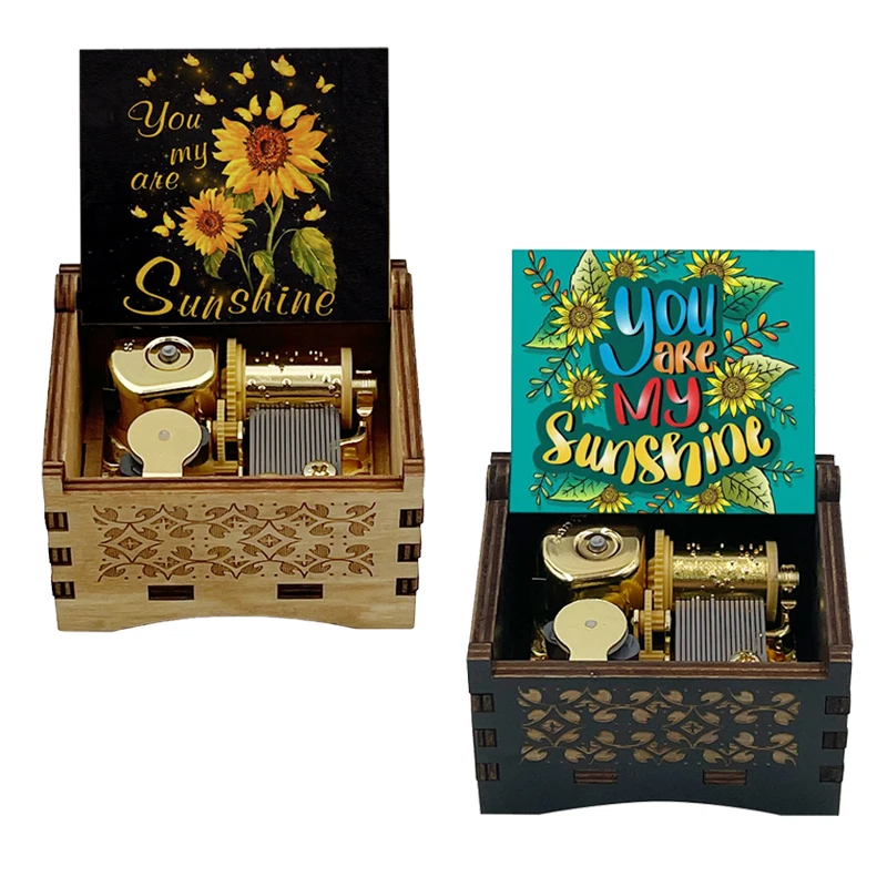 Vintage You Are My Sunshine Black Wooden Music Box, 18 Note Clockwork Musical for Family Christmas Birthday Valentine's Day Gift