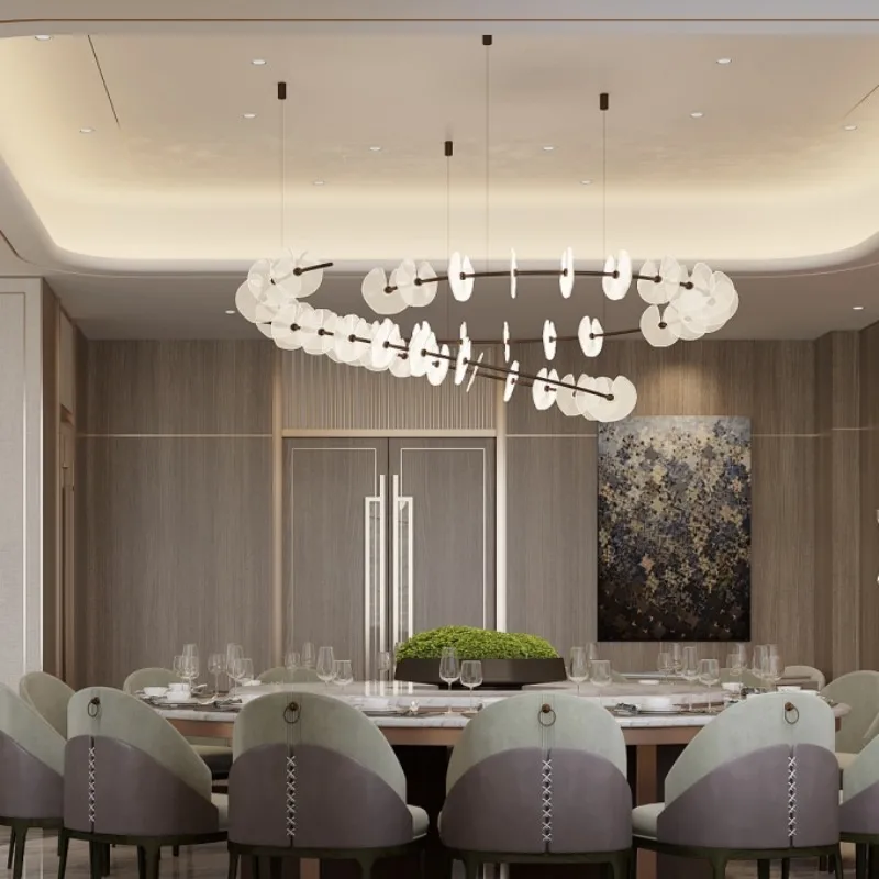 Round Hall Large Crystal Chandeleir For Hotel Lobby Villa Living Room Dining Room Glass Leaf Crystal Ring Hanging Chandeliers