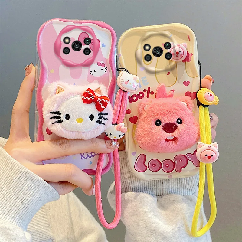 

3D Cartoon Kitty Bear Fur Phone Case For Xiaomi Poco M6 M5S M3 X6 X3 Pro NFC C65 C55 C51 C50 C31 C3 Cream Wavy Toy Strap Cover