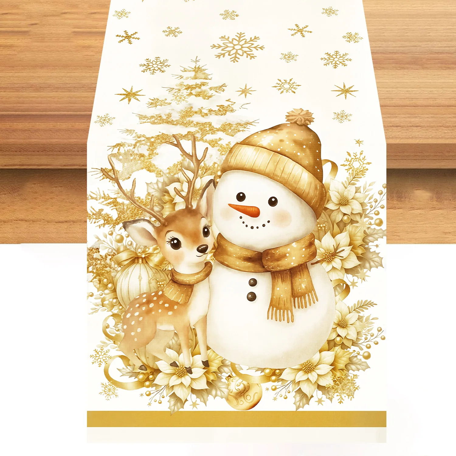 Weihnachtlicher Tischläufer aus Polyester/Leinen in Gold – ideal für Weihnachtsfeiern, Partys, Schneemann-, Elch- und Blumendekoration, winterliche Tischdekoration, Geschenkidee_voghion.com