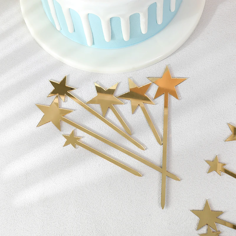 24Pcs Acrylic Gold Star Cake Toppers for Kids Birthday Party Cake DIY Decoration Wedding Christmas Cake Decorating Tools Kit