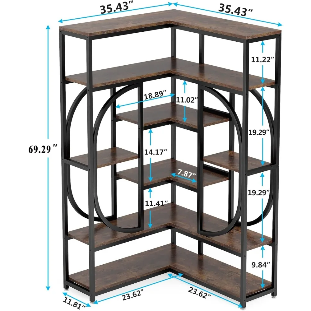 7-Shelf Corner Bookshelf, Large Modern Corner Bookcase, Tall L-Shaped Corner Shelf Stand Display Rack with Storage 2