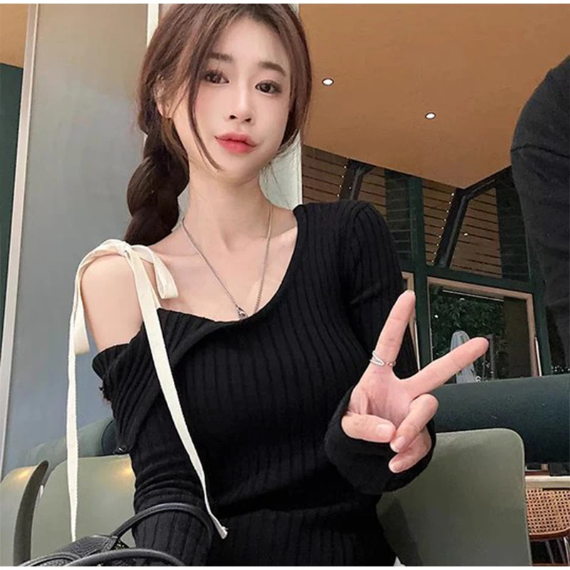 S47d274500d2b42afb15b867579b67e45G Fashion Knitted Pullover Women Street Vintage Lace-up Long Sleeve Female Sweater Spring All-match Slim Solid Lady Knitwear Mallzona